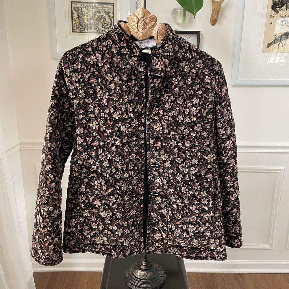 Vintage 70s Cottagecore Quilted Band Collar Jacket Brown Velveteen Floral S